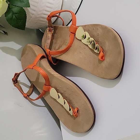 Vionic Shoes - Vionic Orange Miami Leather Gold Leather Medallion T Strap Orthopedic Sandals